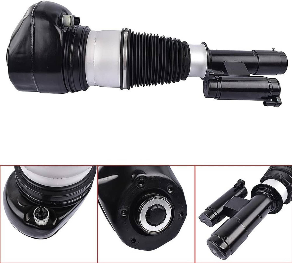 Air suspension strut with black rubber top cap, silver center sleeve, and ribbed bellows