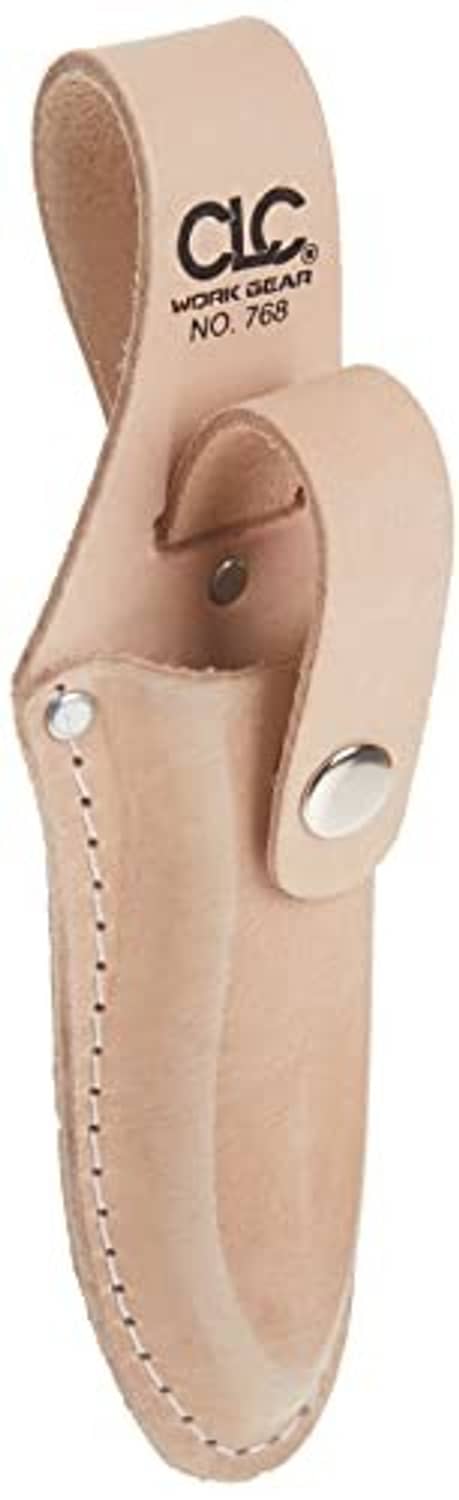 Tan leather plier holder with snap and belt loop, stitched edge