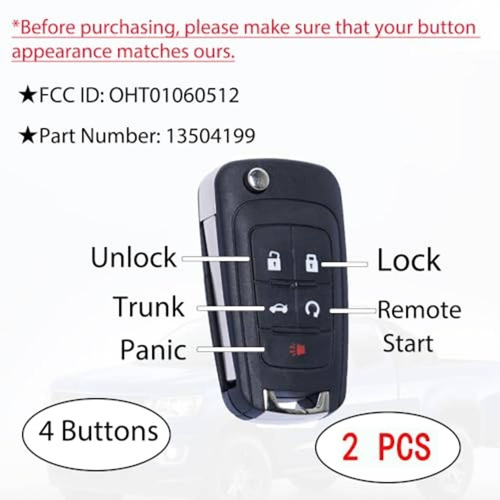 Black key fob shell case with 4-button layout and remote start button, two-pack