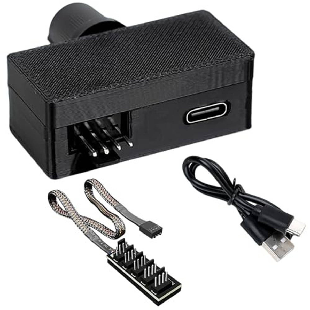 Black PWM fan controller with Type-C port and fan connector cables