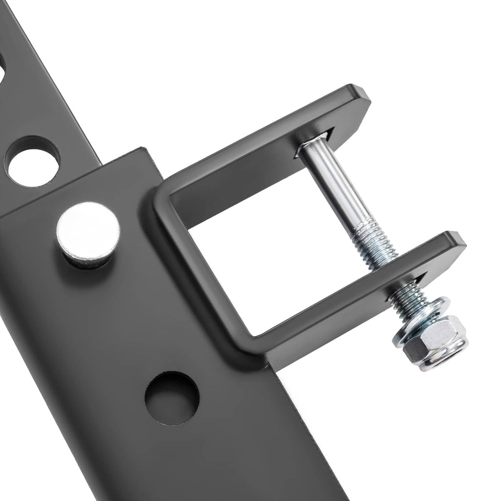 Powder-coated steel chisel plow implement close-up of U-bolt, washers, and mounting bar