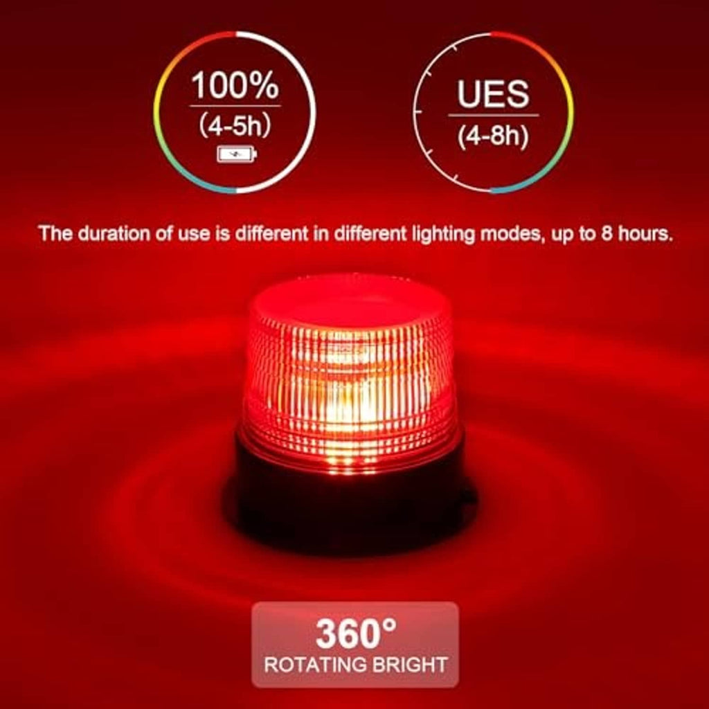Red LED strobe beacon light glowing on black base, 360-degree rotating light