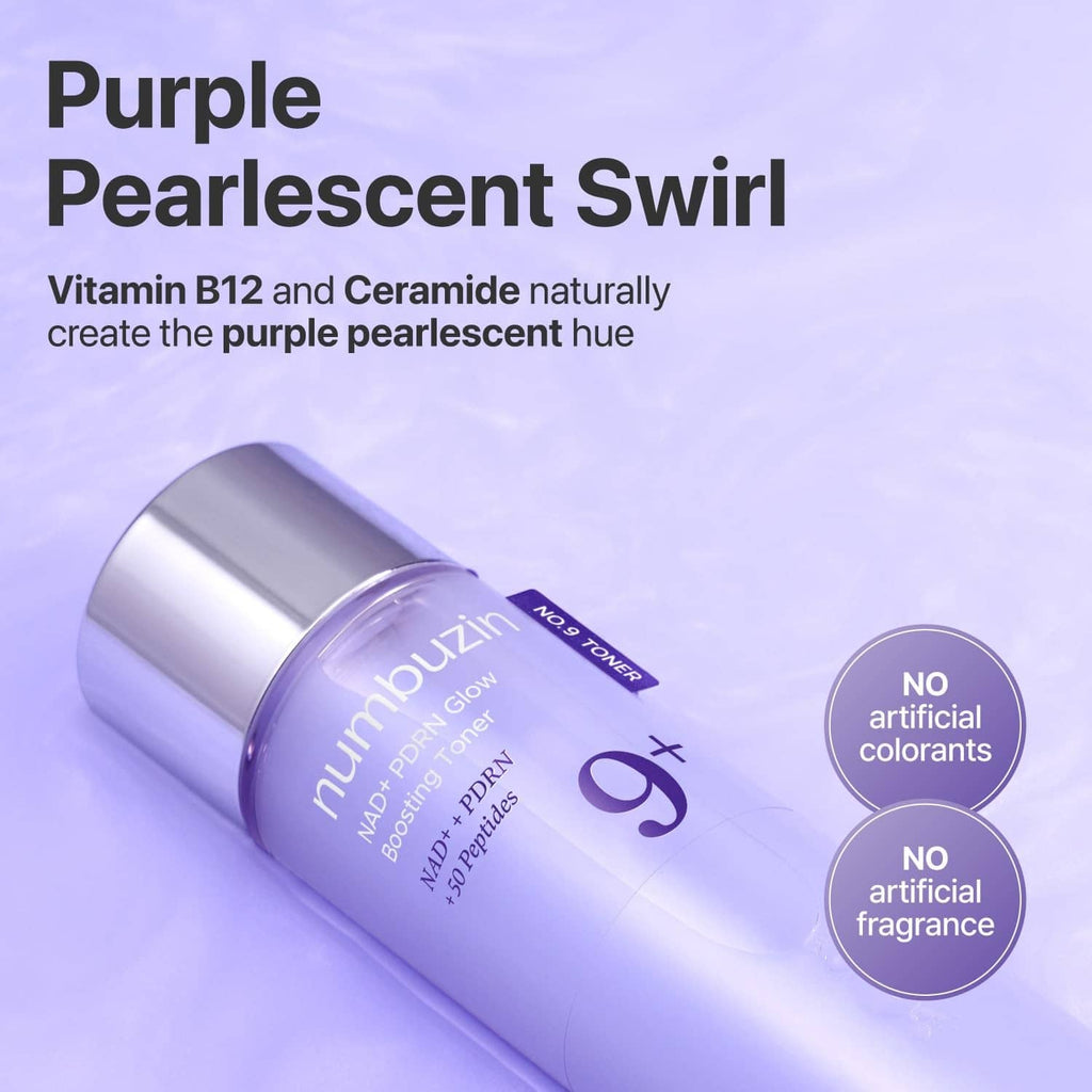 Purple pearlescent toner bottle with silver cap and circular label icons