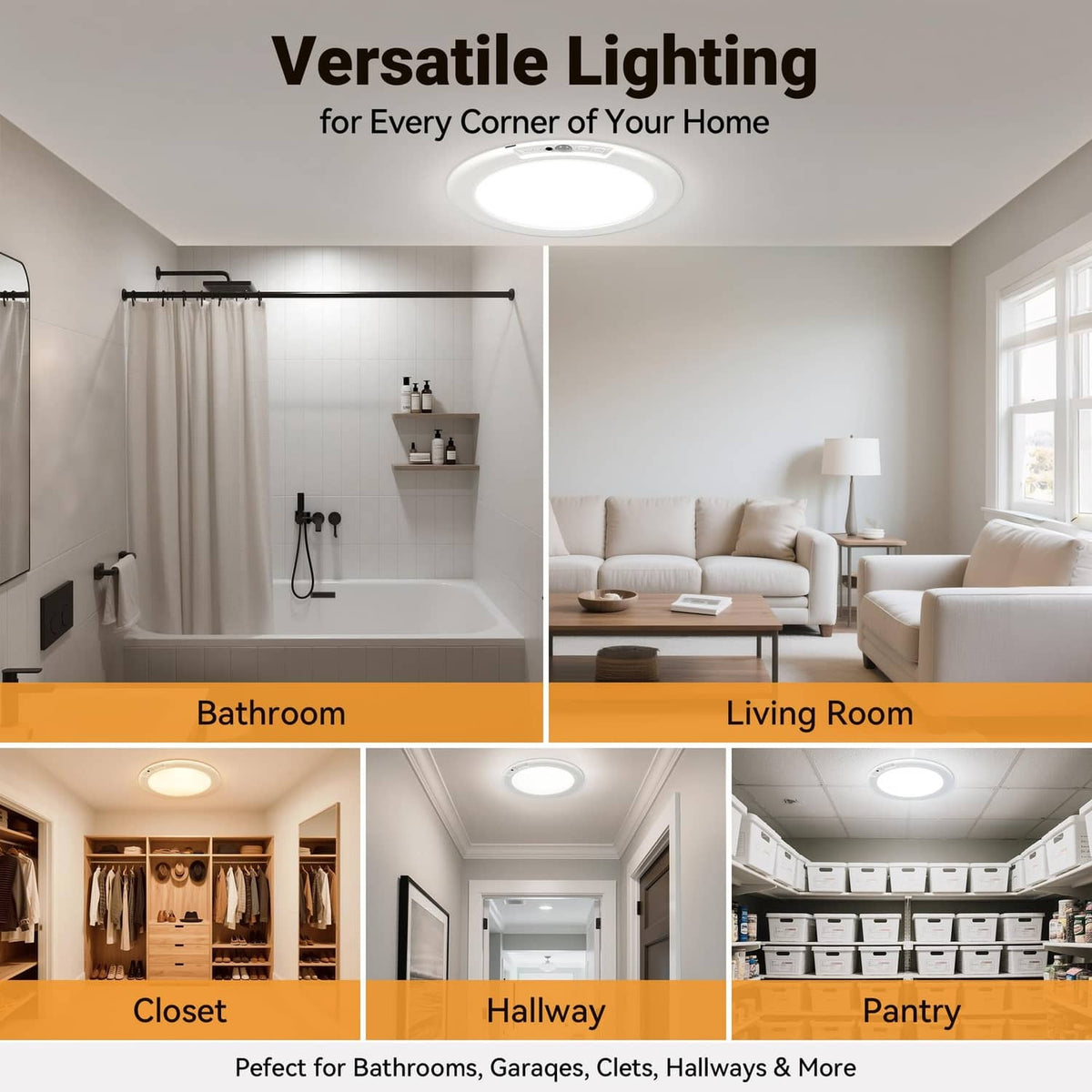Round LED ceiling light for versatile room lighting like closet and hallway