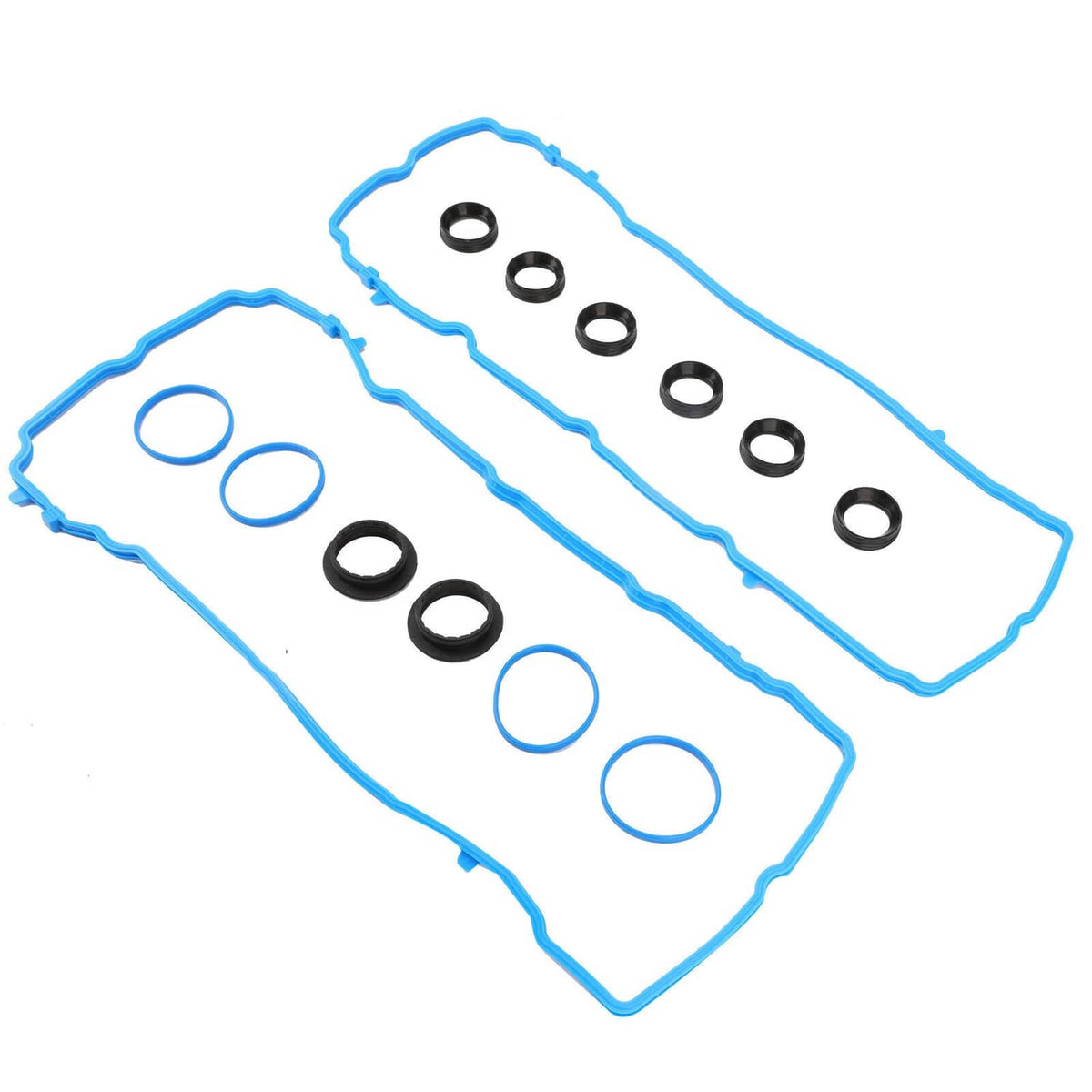 Valve cover gasket kit with blue gasket seals and black rubber grommets and rings