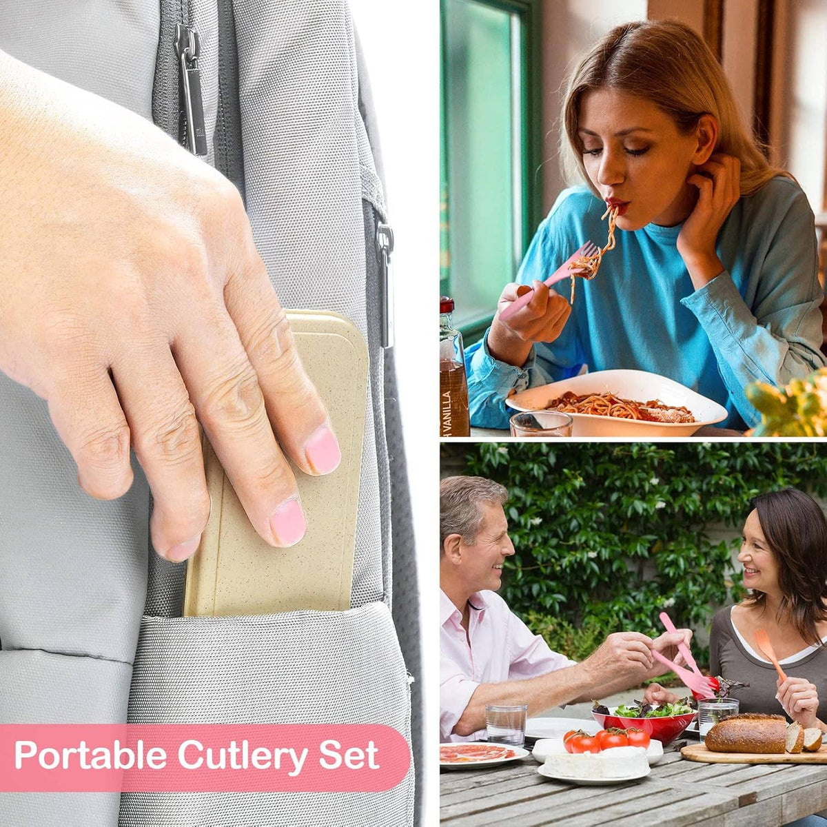 Portable wheat straw cutlery set with a pink-handled case and fork and knife