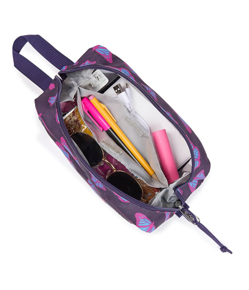 Purple patterned pouch open with inner pockets and zip closure, shoulder strap