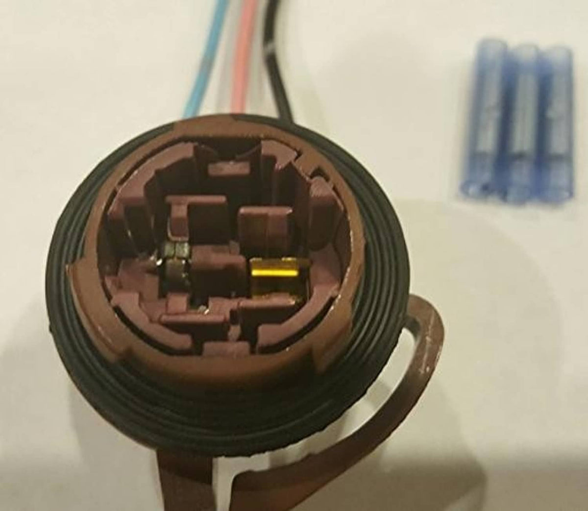 Light socket pigtail connector with exposed terminal contacts inside brown housing
