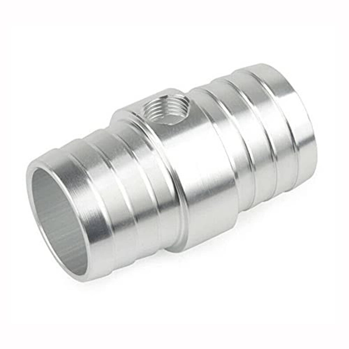 Aluminum radiator hose adapter fitting with flared ends and central ribbed section