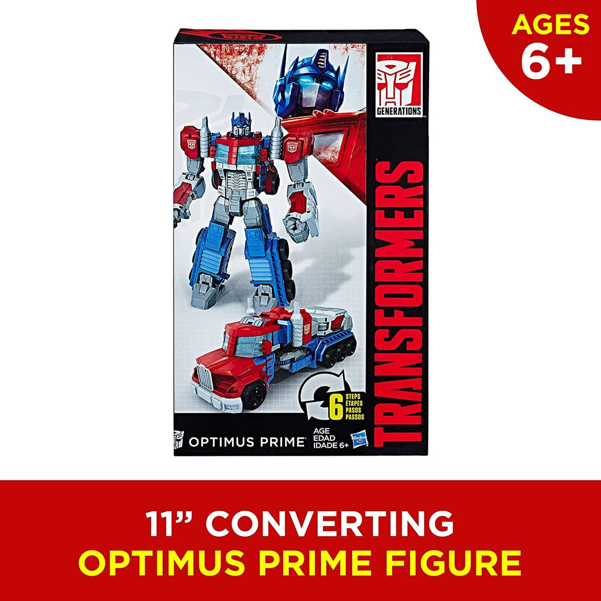 Retail box for converting Optimus Prime robot action figure, shown in blue and red