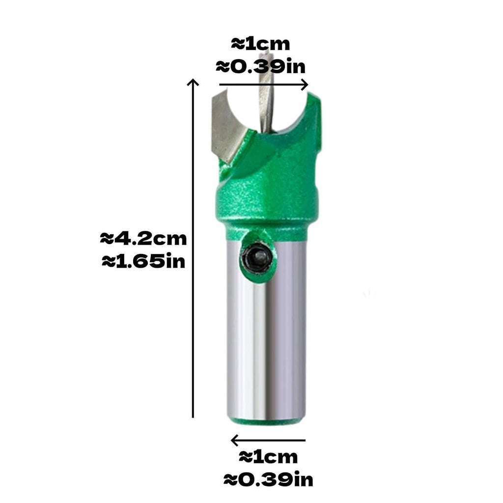 Green router bit with silver shank and carbide tip, showing full tool length