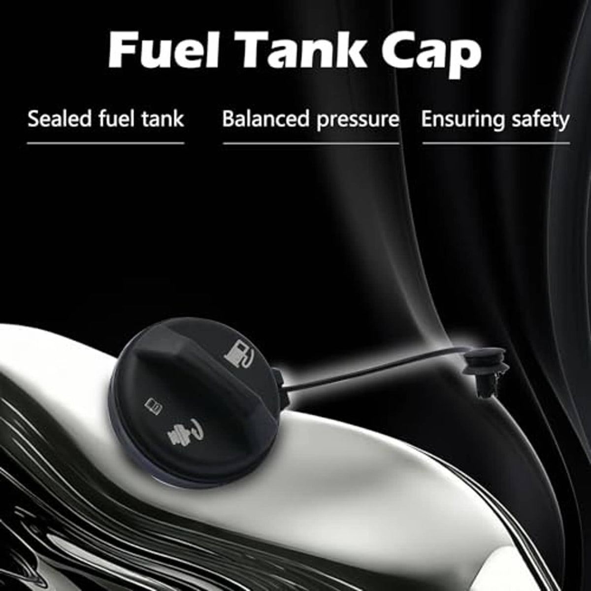 Fuel tank filler cap on car body with black round cover and attached hose