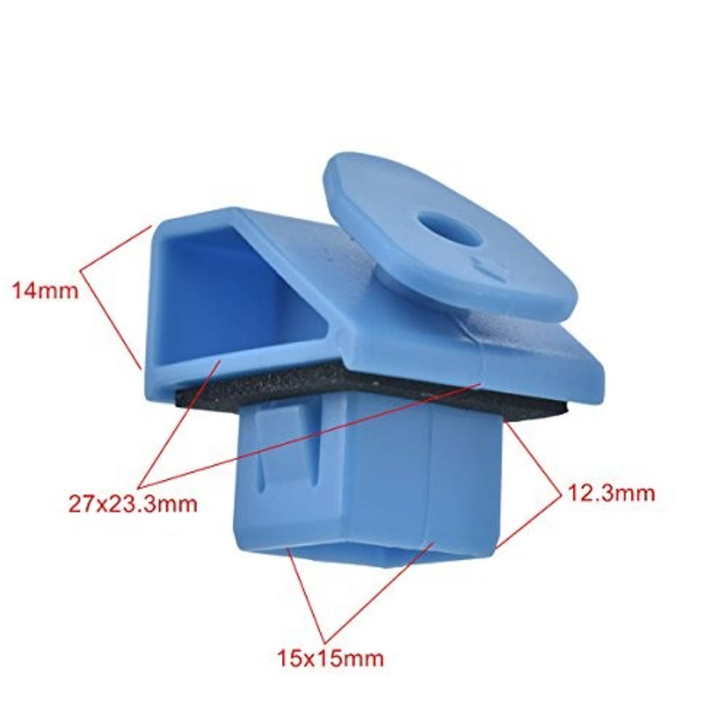 Blue rear light clip with size markings: 14mm, 27x23.3mm, 12.3mm