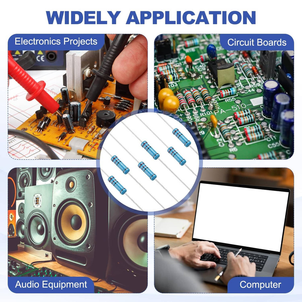 Blue metal film fixed resistors used across electronics, circuit boards, and audio projects
