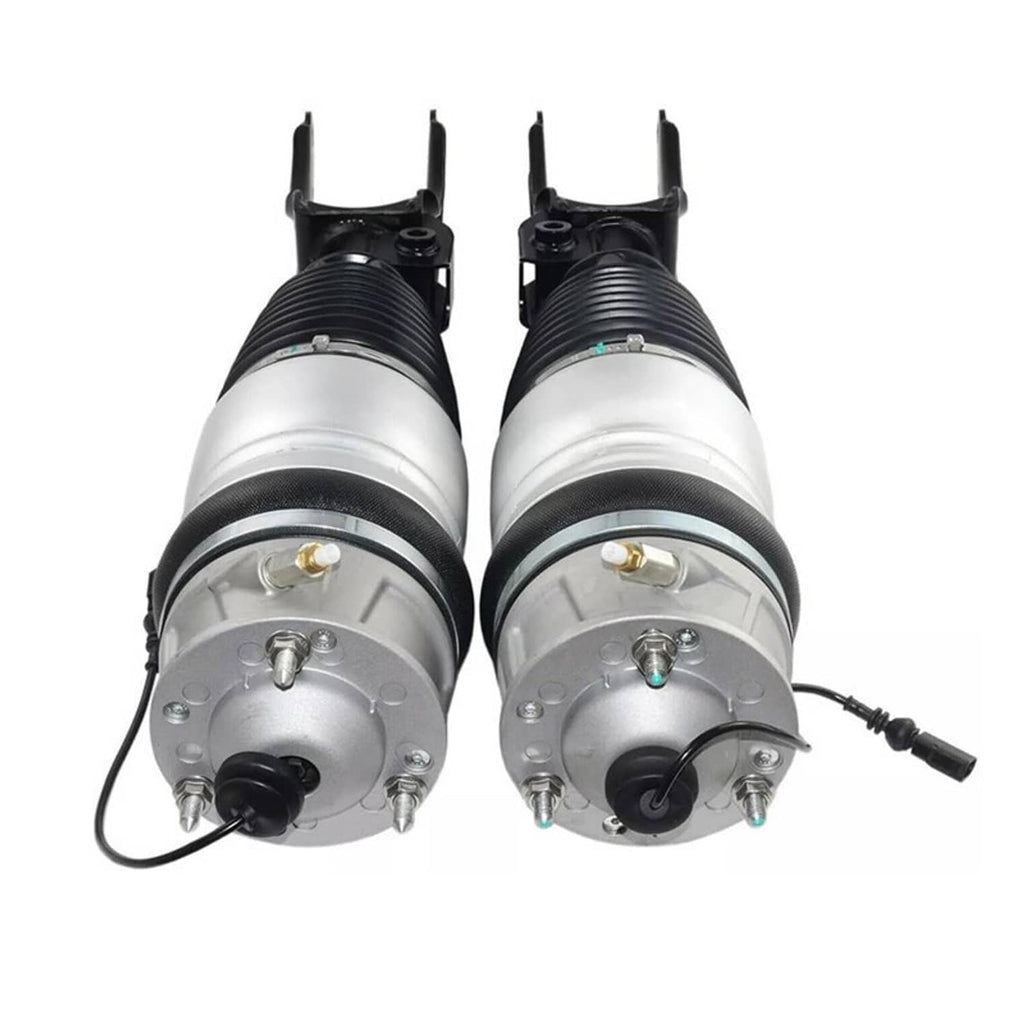Top view of two silver air suspension shock struts with black springs and mounting hardware