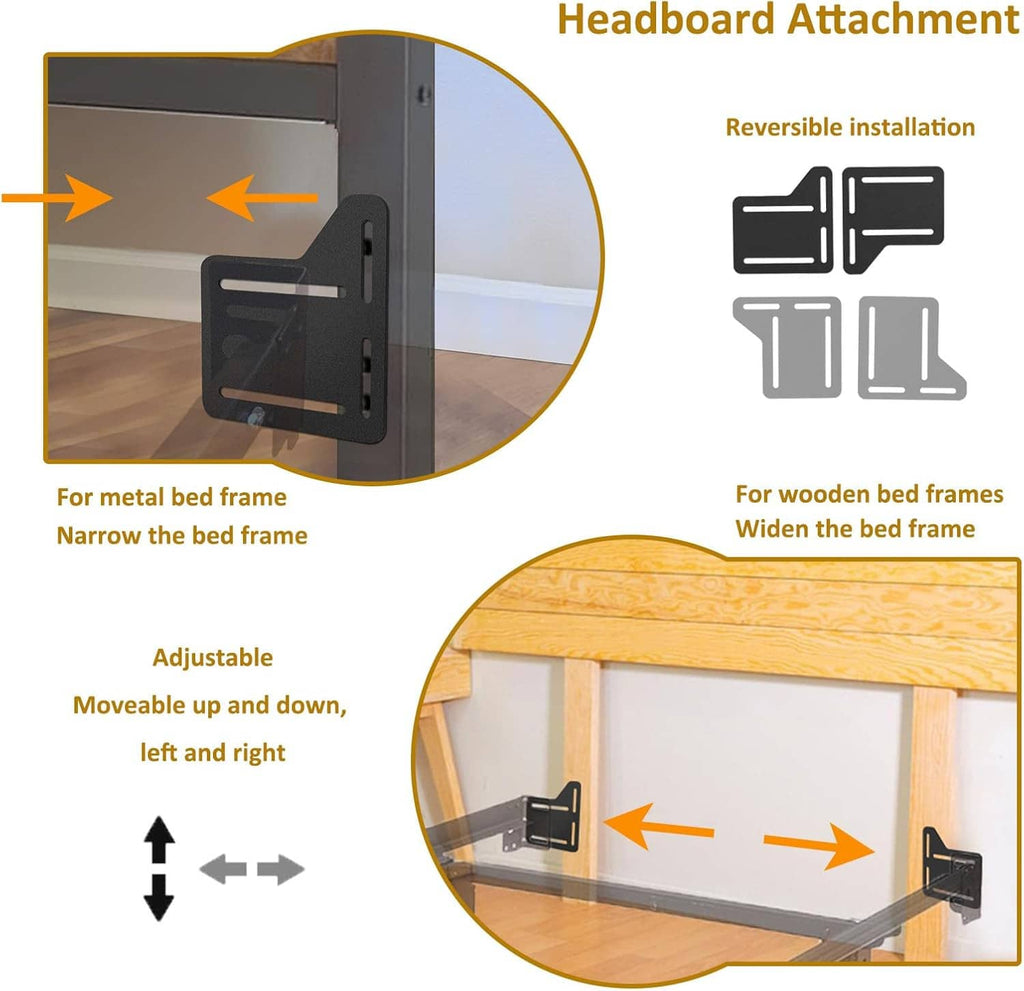 Two black headboard attachment brackets shown on bed frame, with adjustable mounting slots