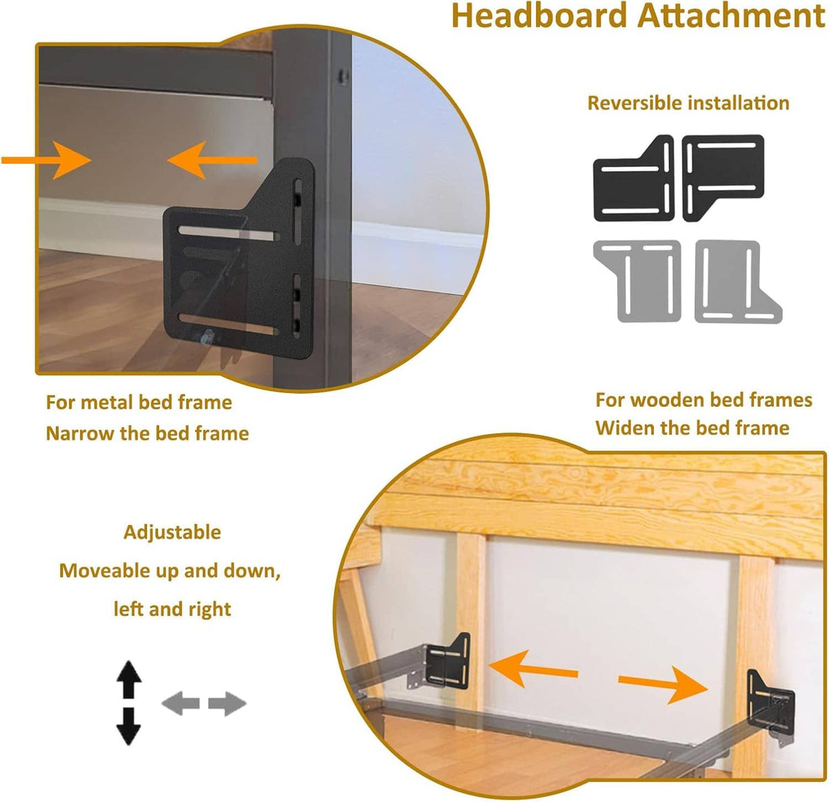 Two black headboard attachment brackets shown on bed frame, with adjustable mounting slots