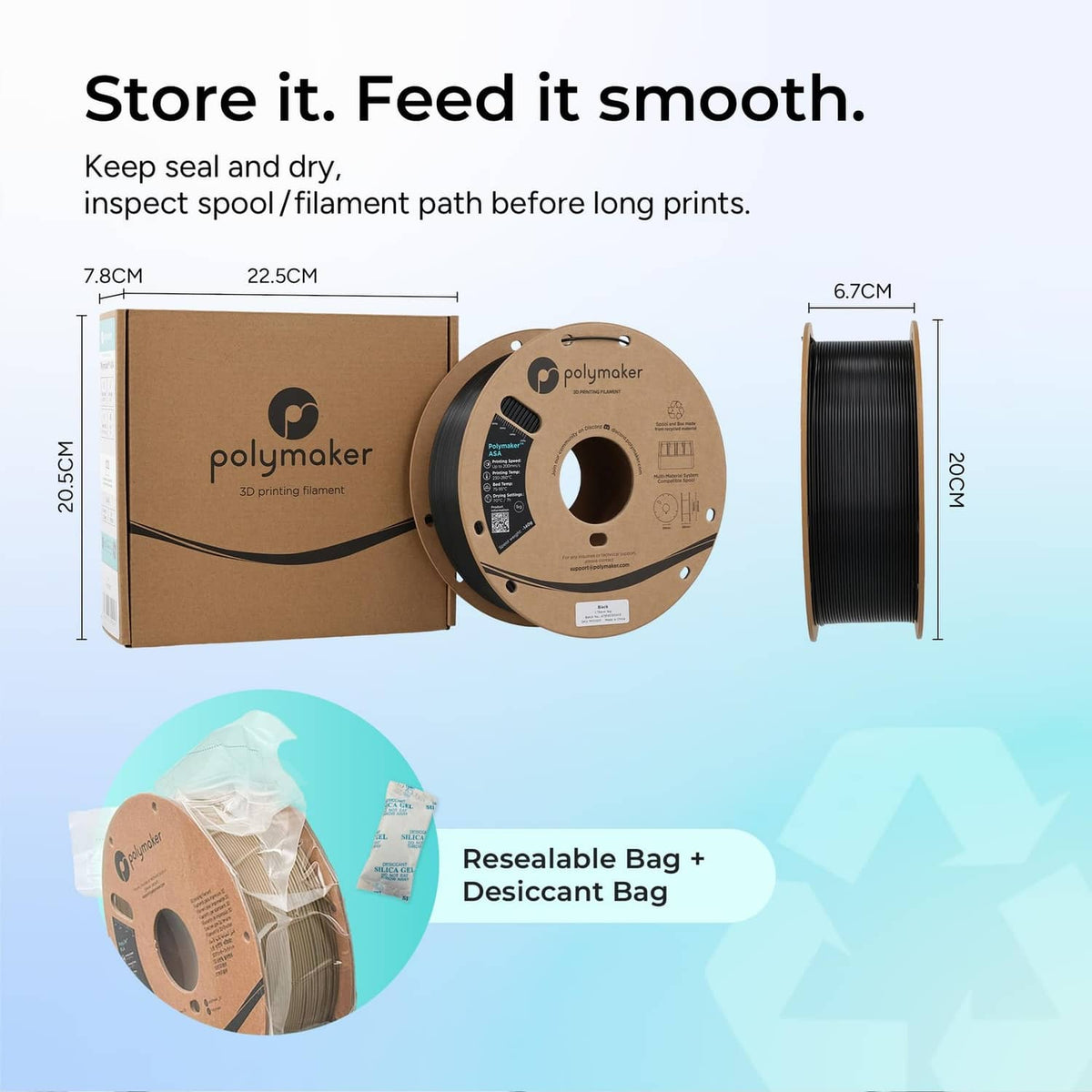 Polymaker ASA filament spool with resealable bag and desiccant bag