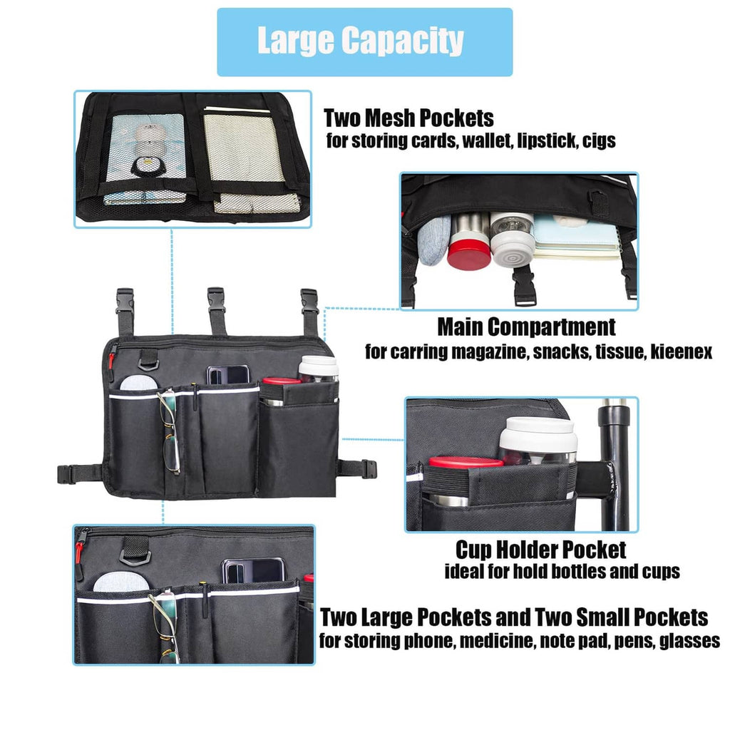 Black walker bag organizer with mesh card pockets, cup holder pocket, and storage compartments