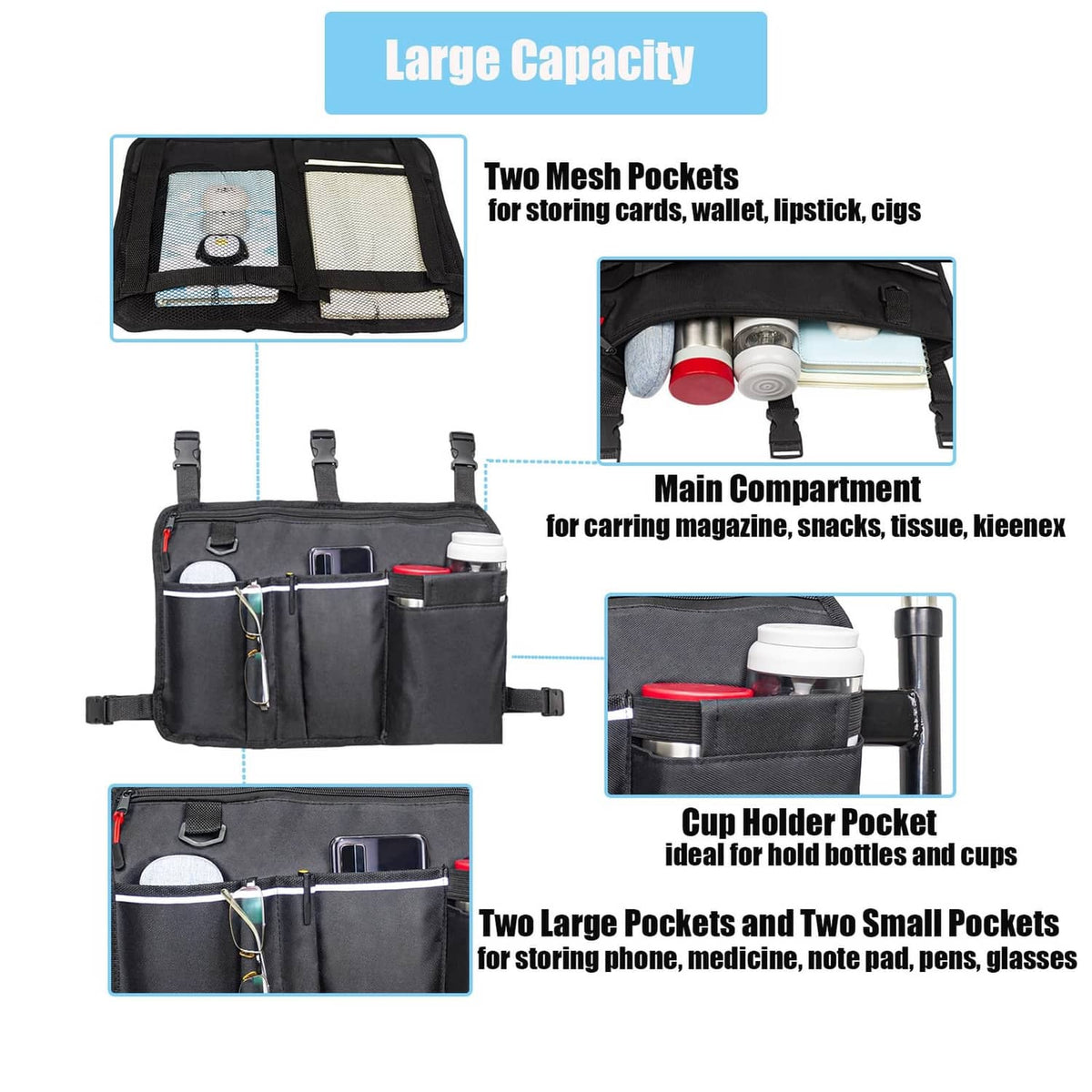 Black walker bag organizer with mesh card pockets, cup holder pocket, and storage compartments