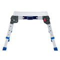 Adjustable folding work platform with white metal frame and blue locking feet