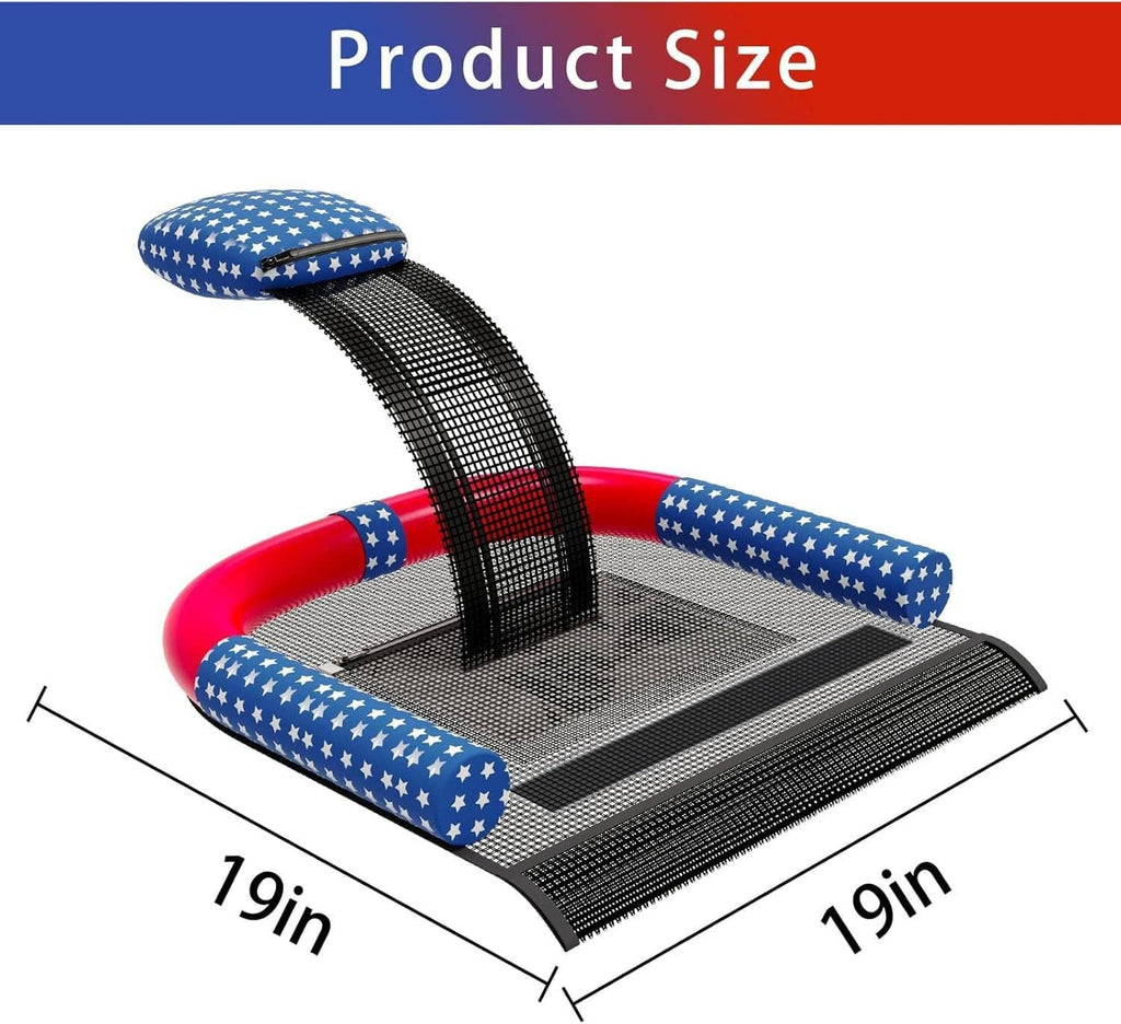 Star-spangled pool escape ramp with black mesh base and red support tube; dimensions shown