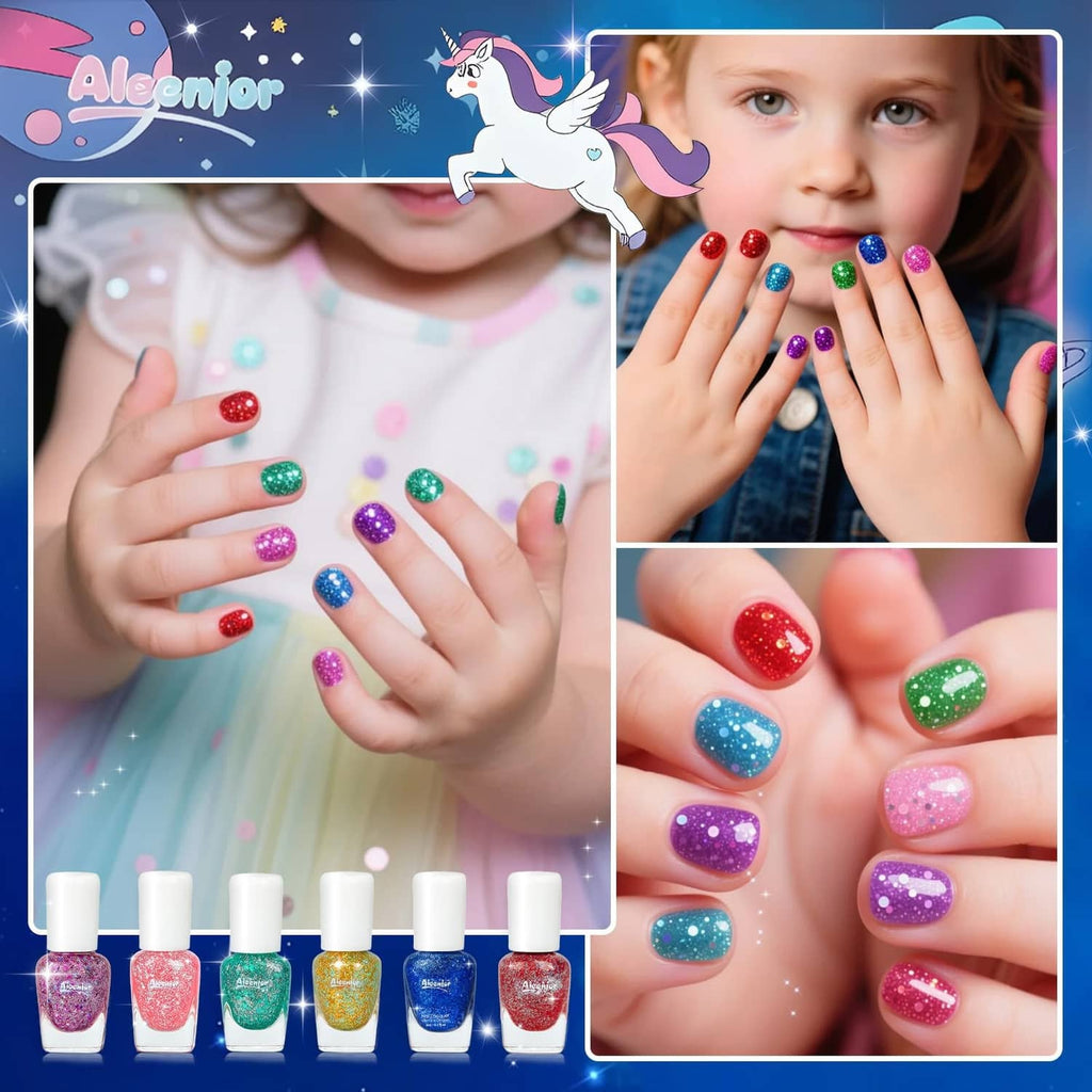 Kids glitter nail polish set shown with colorful bottles and glitter manicure close-ups