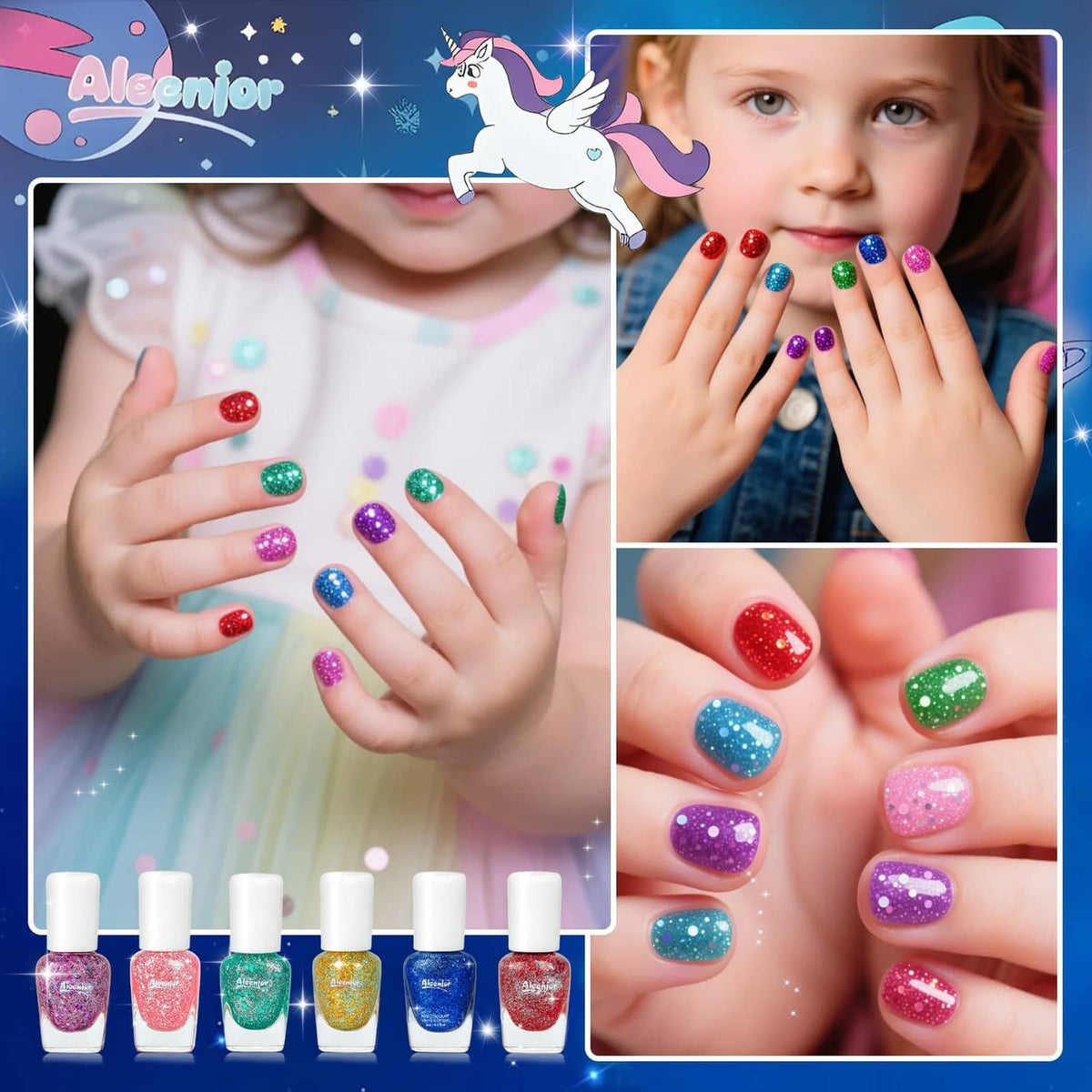 Kids glitter nail polish set shown with colorful bottles and glitter manicure close-ups
