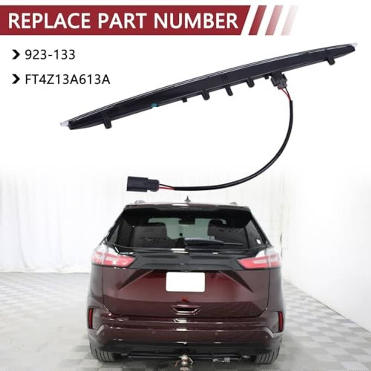 High mount third brake light bar with wiring, viewed from rear with car