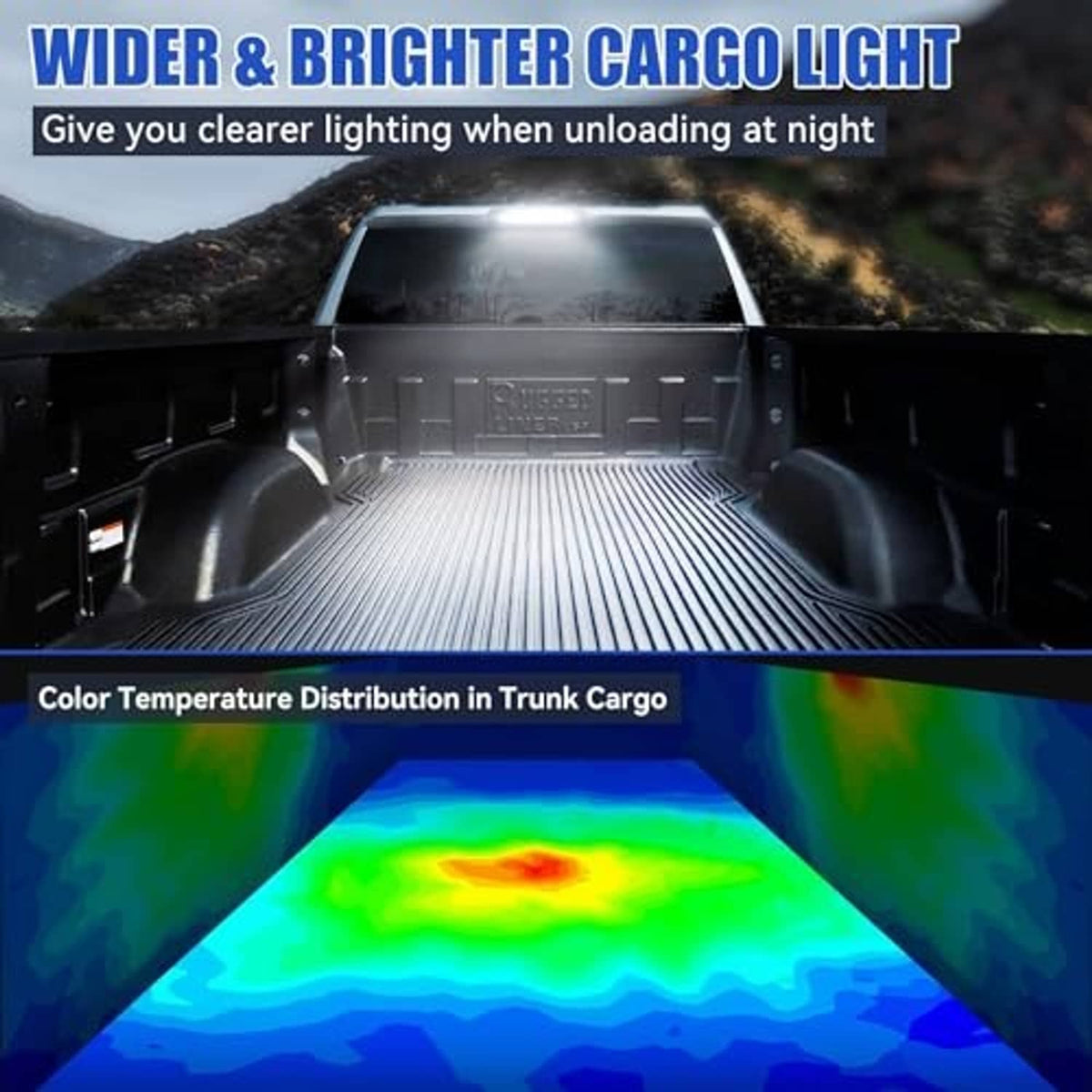 LED light projection illuminating a pickup truck bed interior