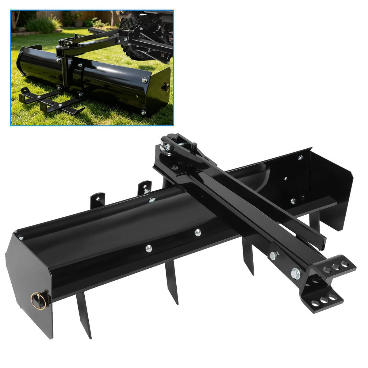 38 in tow-behind box scraper blade in black steel with side spikes and hitch mount