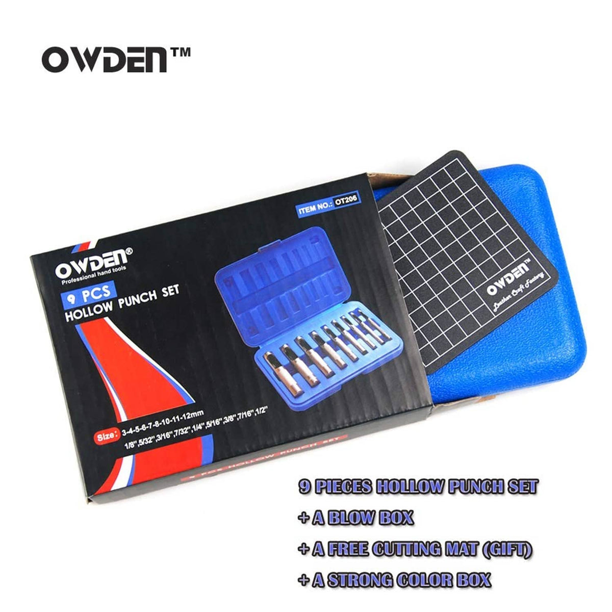 Owden 9-piece hollow punch set packaging with blue case and black grid mat
