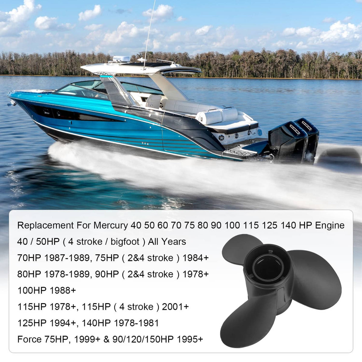 Black three-blade outboard boat propeller on an outboard motor