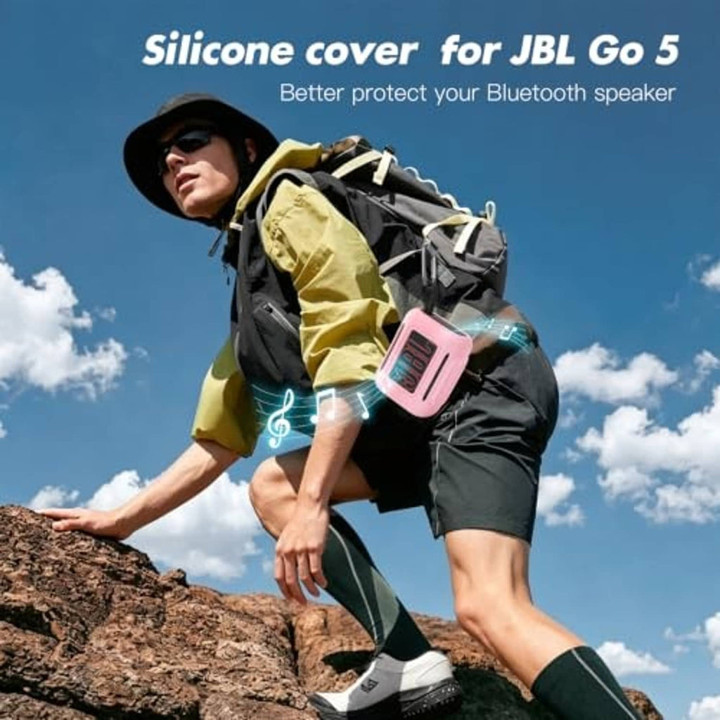 Pink silicone JBL Go 5 speaker cover with carry strap for outdoor travel