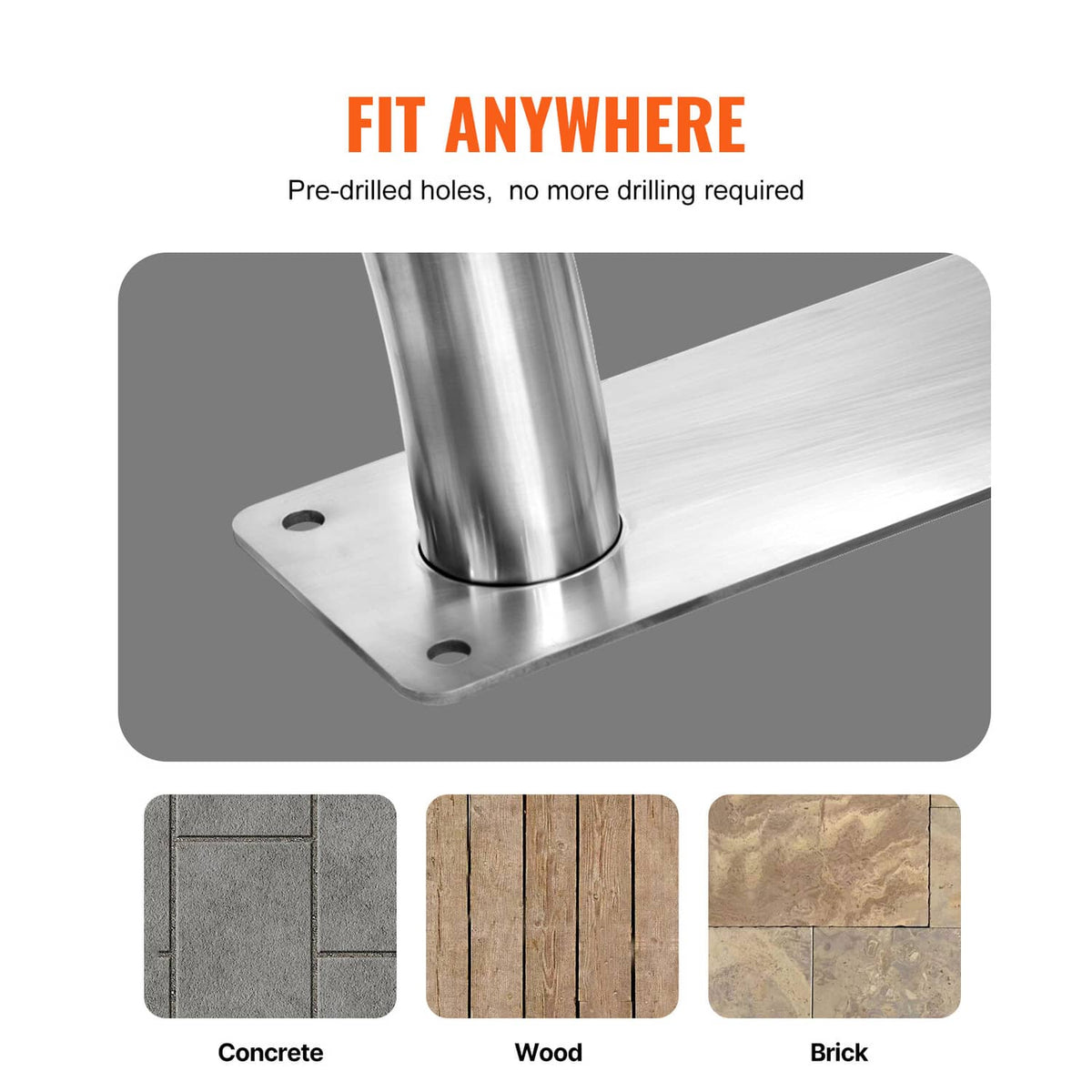 Stainless steel handrail base plate with pre-drilled mounting holes