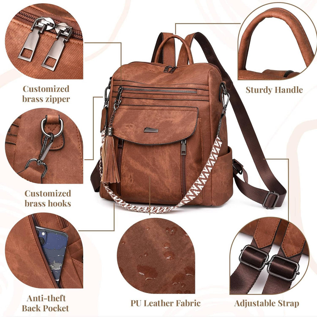 Brown PU leather backpack purse with adjustable strap, brass hardware, and tassel trim
