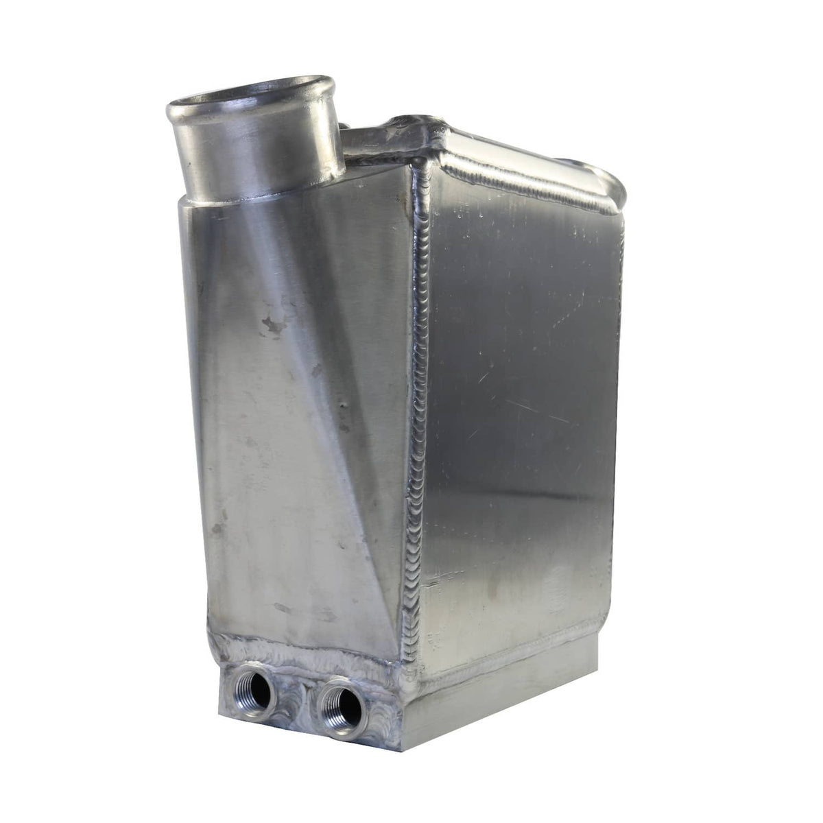 Rectangular aluminum intercooler with top inlet and bottom mounting holes