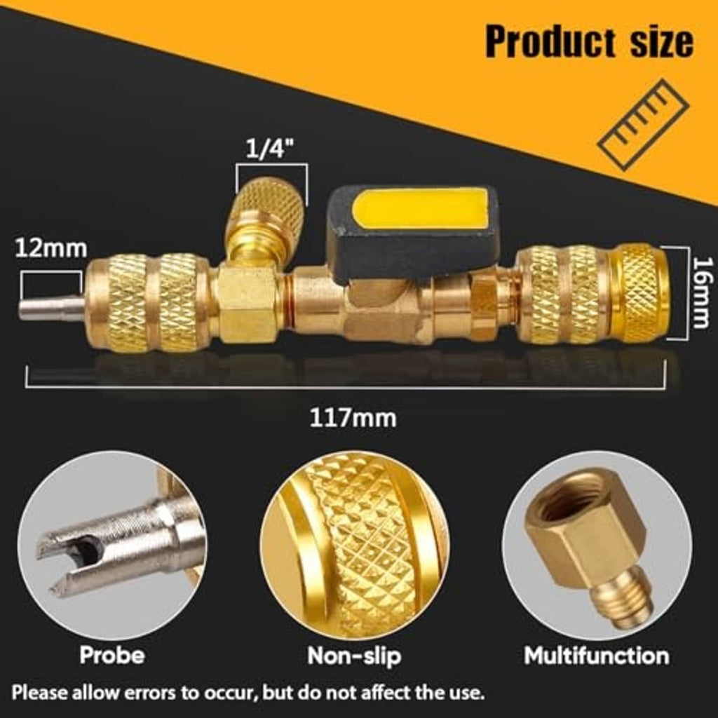 Brass valve core remover with textured ends and black lever handle for 1/4 and 5/16 ports