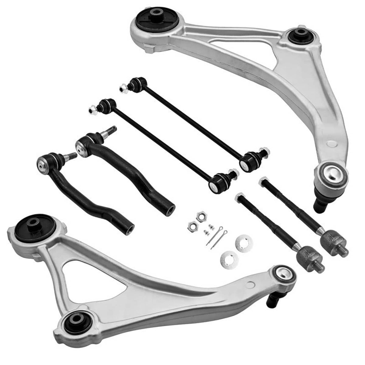 Pair of front lower control arms with multiple tie rod ends and rubber boots, hardware included