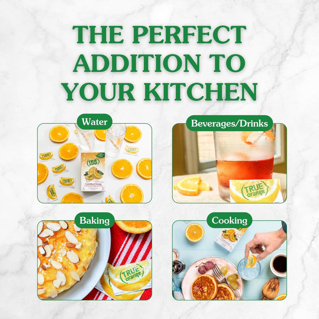 True Orange water enhancer use graphic for water, beverages, baking, and cooking