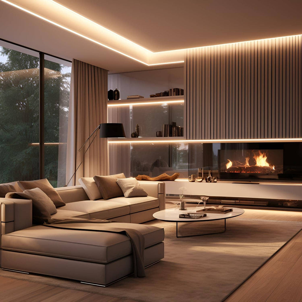 Warm white LED strip lights running along ceiling edges in a room.