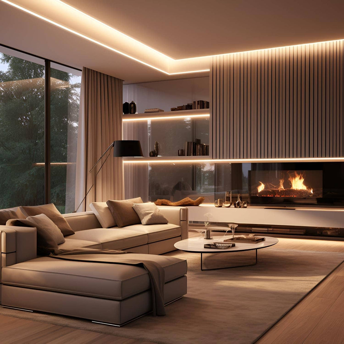 Warm white LED strip lights running along ceiling edges in a room.