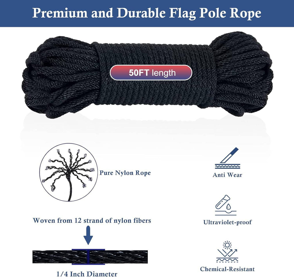 Premium dark nylon flagpole rope coil, 50 ft length shown with feature icons