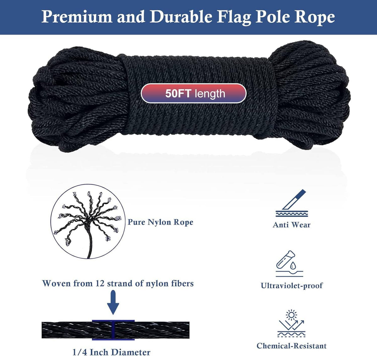 Premium dark nylon flagpole rope coil, 50 ft length shown with feature icons