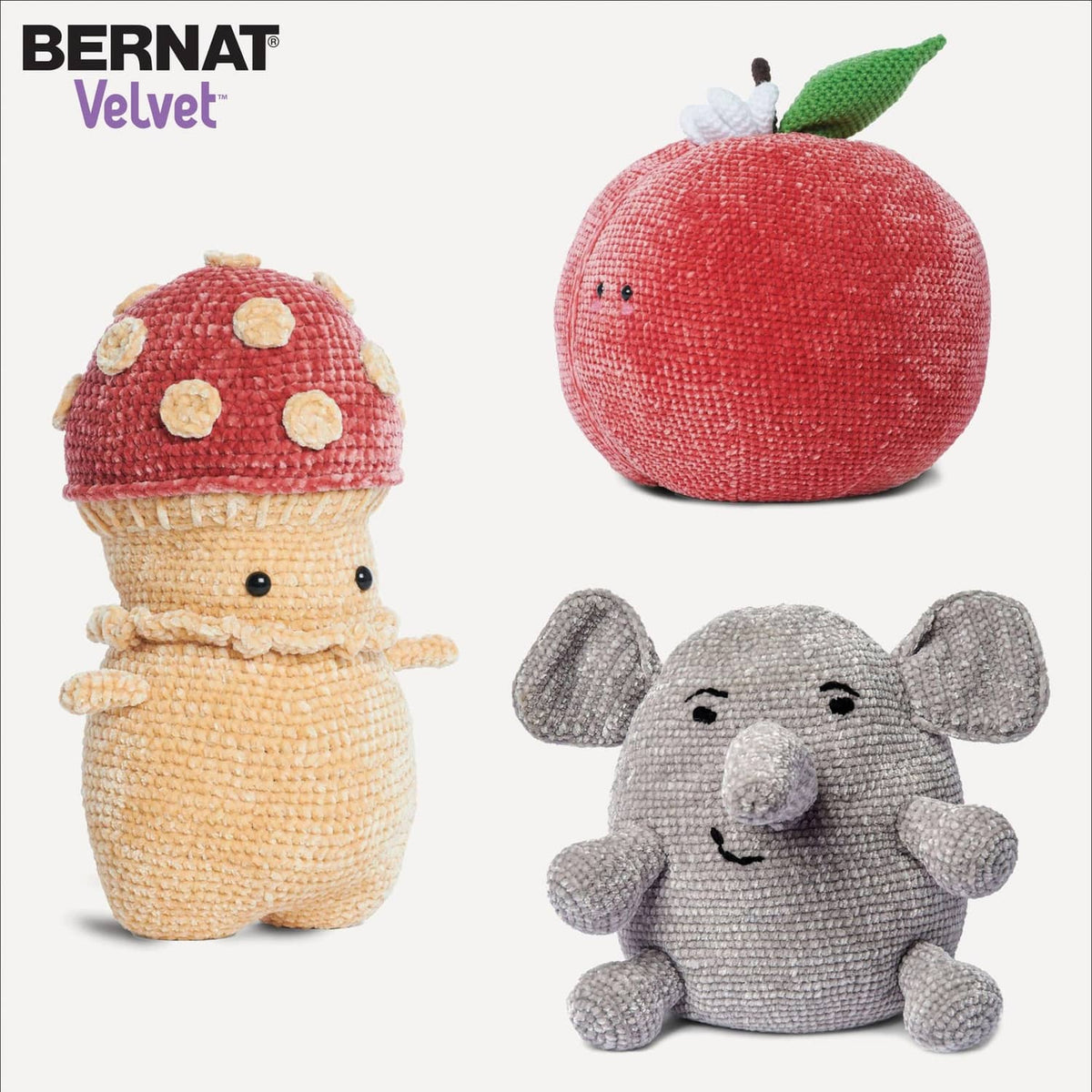 Crocheted plush animals with Bernat Velvet packaging logo at top