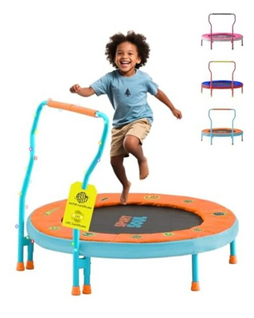 Kids mini trampoline with foam handle, orange jump surface and sky-blue legs