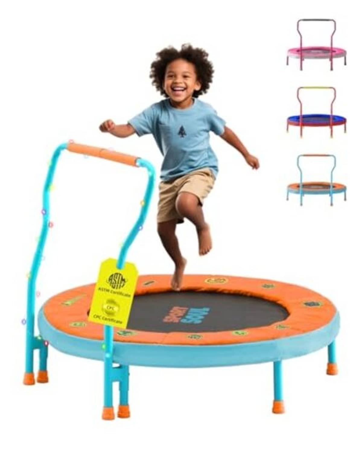 Kids mini trampoline with foam handle, orange jump surface and sky-blue legs