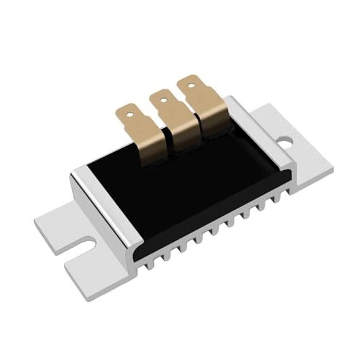 Voltage regulator rectifier top view, black base and gold terminals on silver heatsink