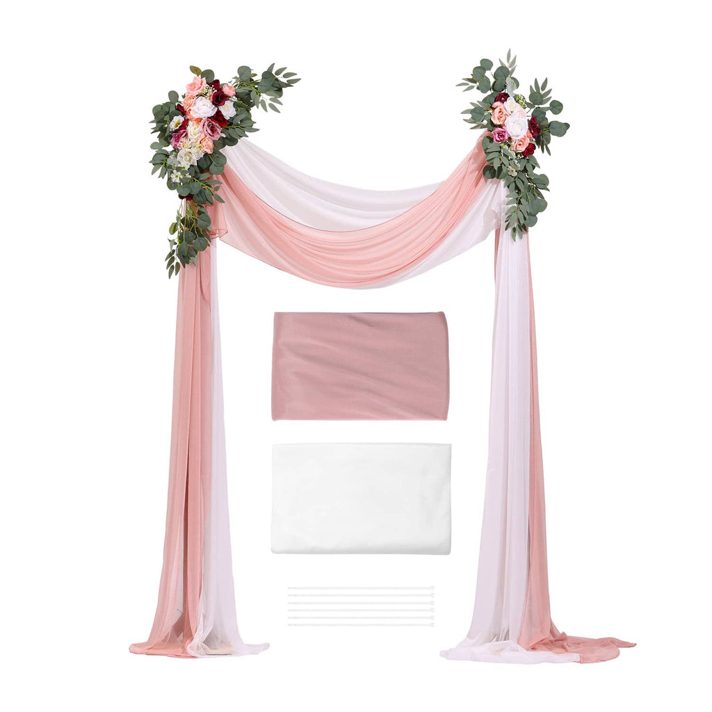 Pink and white wedding arch with two corner flower bundles and sheer drape panels