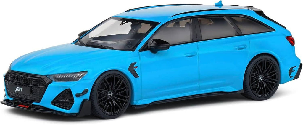 Blue ABT-tuned Audi RS6 die-cast model car, front three-quarter view with black wheels